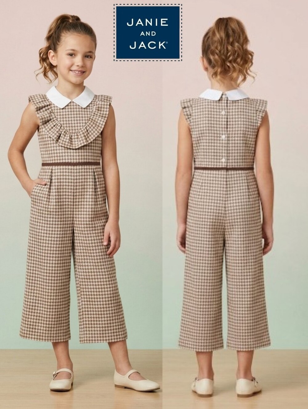 Janie and Jack Little Girls Size 5 Brown Houndstooth Jumpsuit Peter Pan Collar - Picture 13 of 15
